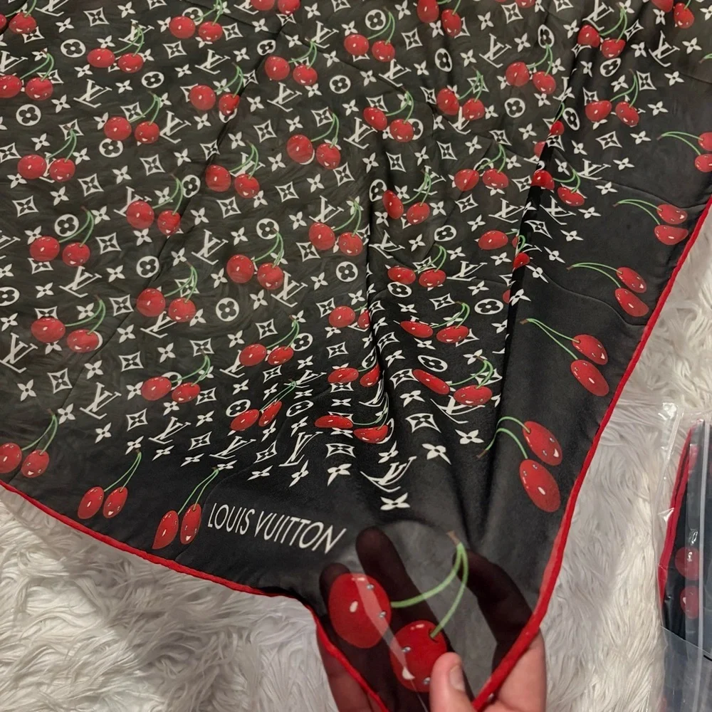 LOUIS VUlTTON 100% silk cherry print monogram scarf 40x40 custom print design